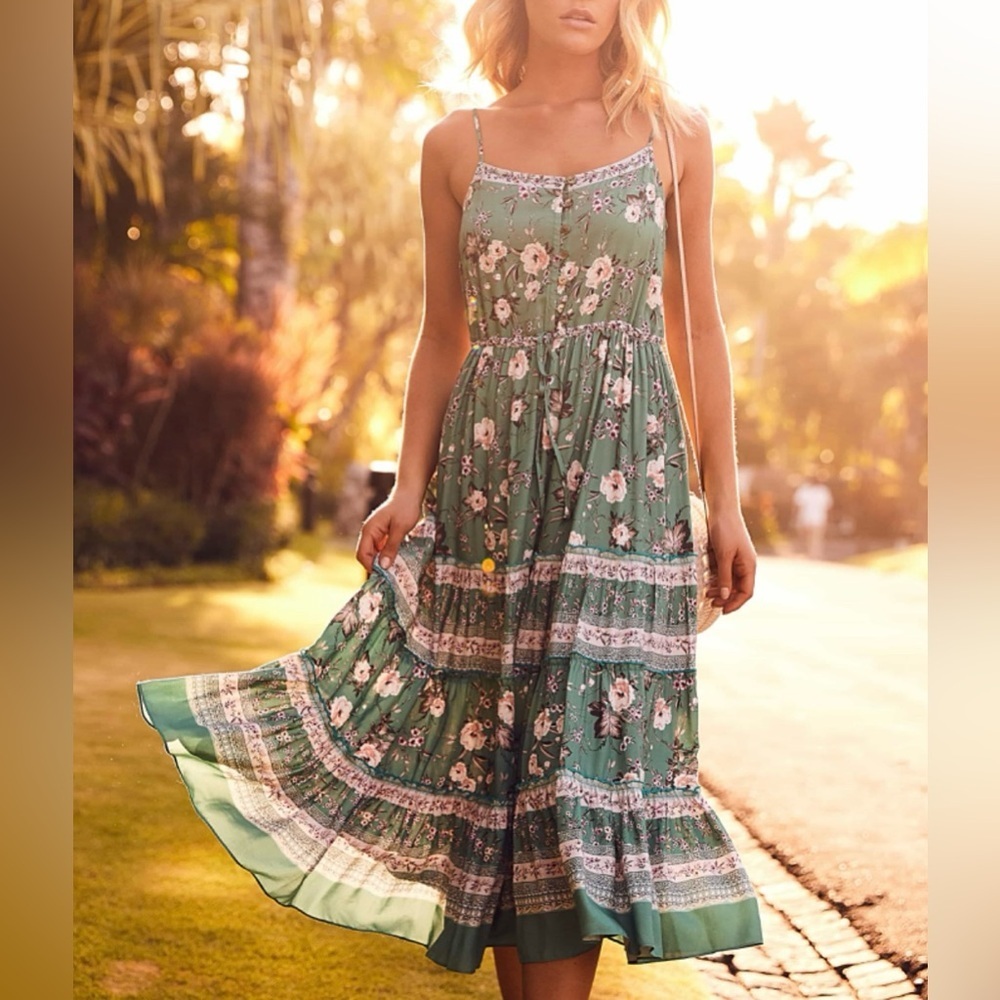 Forever New Tuscany Tiered Midi Dress Sz. 6 floral green made in Australia NWT